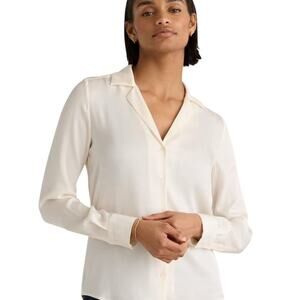 GUC Quince Women's XS Ivory Silk Blend Notch Collar Blouse Long Sleeve 3134-22